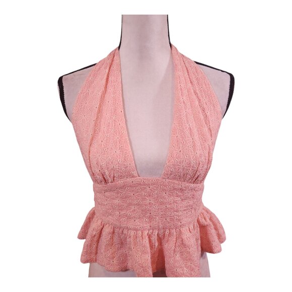 NBD Hazel Pink Embroidered Eyelet Peplum Hem Halter Top Feminine Women's Medium - Picture 3 of 9